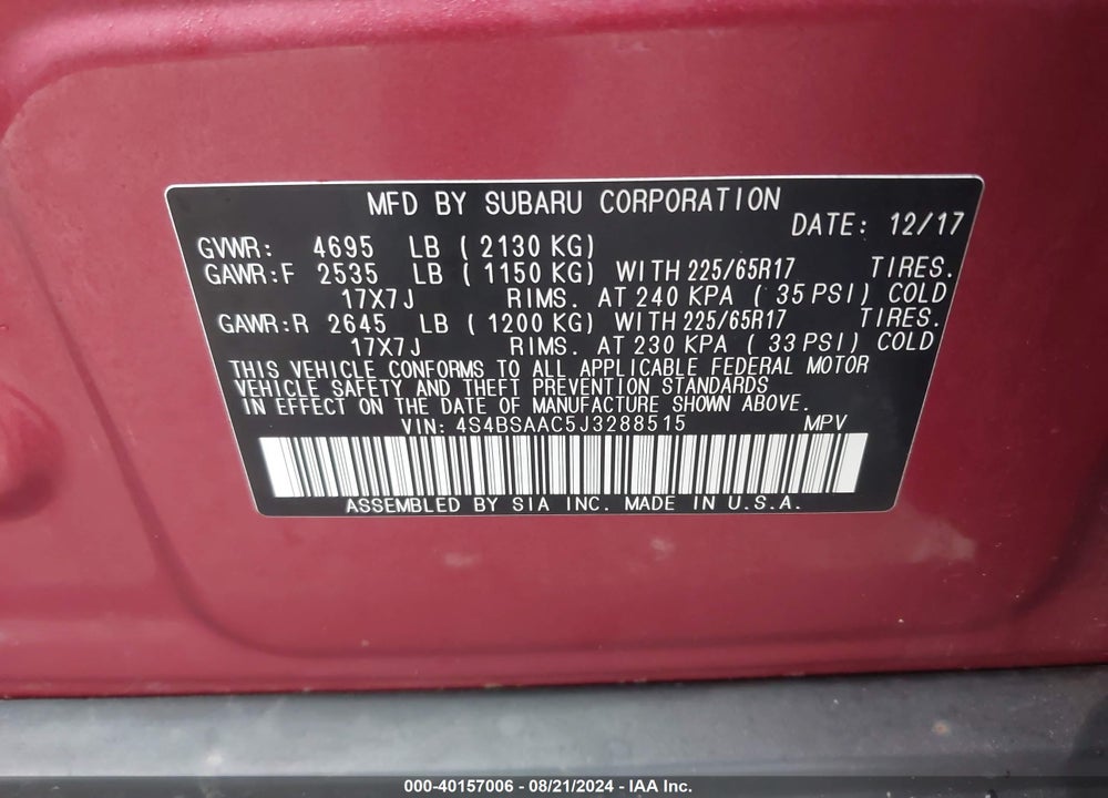 2018 SUBARU OUTBACK 2.5I VIN: 4S4BSAAC5J3288515
