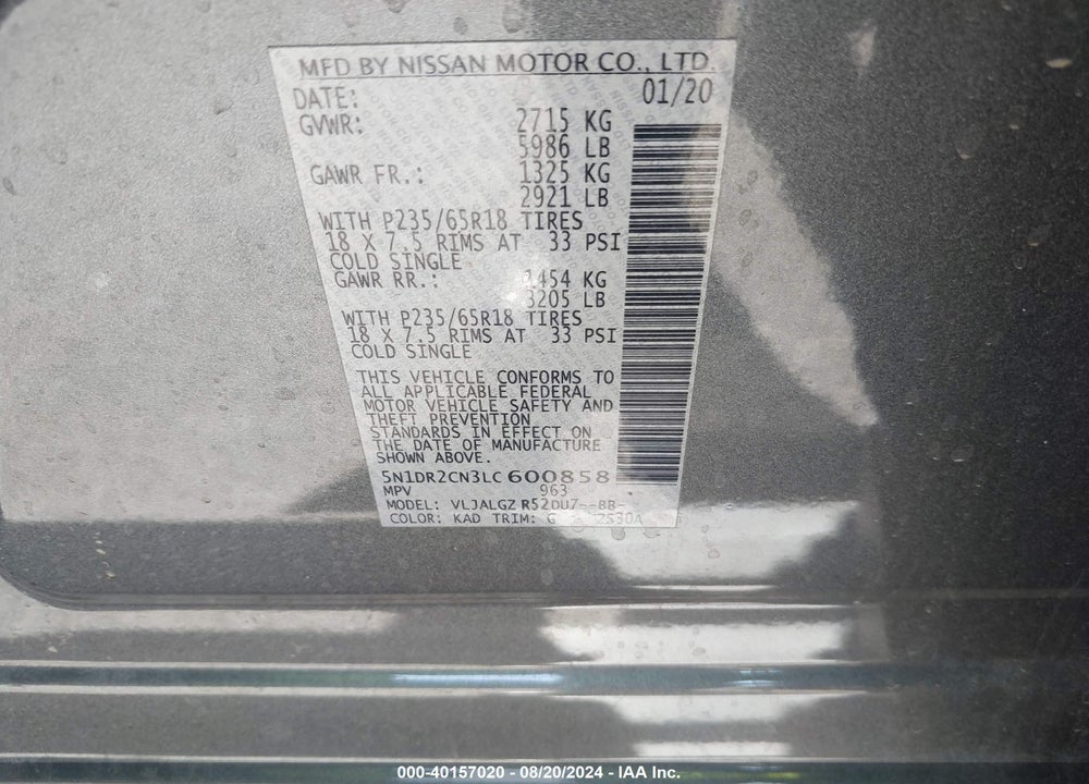 2020 NISSAN PATHFINDER SL 2WD VIN: 5N1DR2CN3LC600858