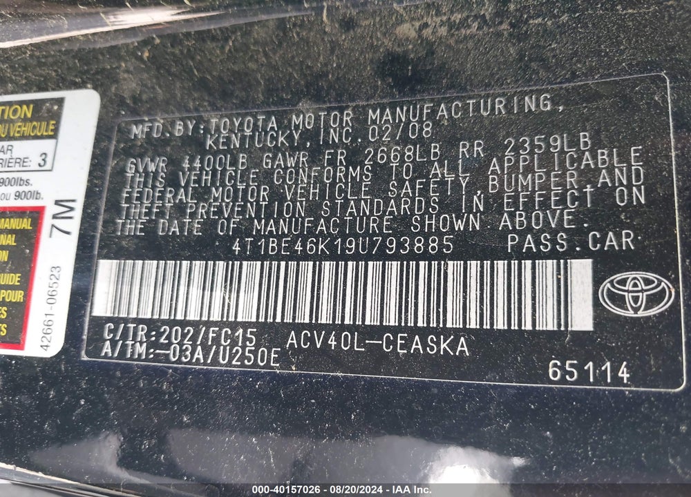 2009 TOYOTA CAMRY SE VIN: 4T1BE46K19U793885