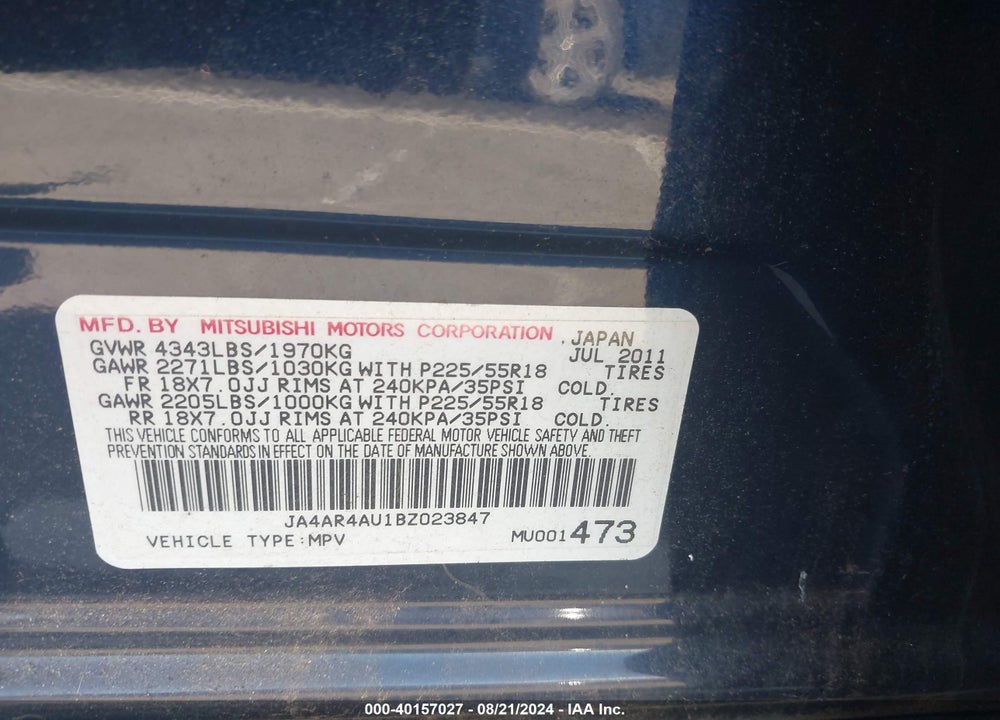 2011 MITSUBISHI OUTLANDER SPORT SE VIN: JA4AR4AU1BZ023847
