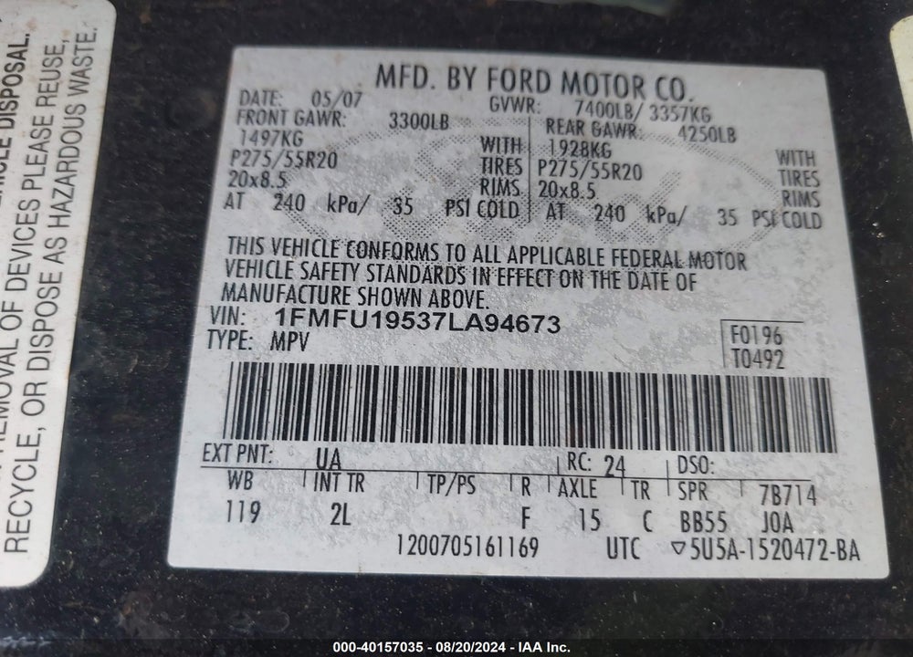 2007 FORD EXPEDITION LIMITED VIN: 1FMFU19537LA94673