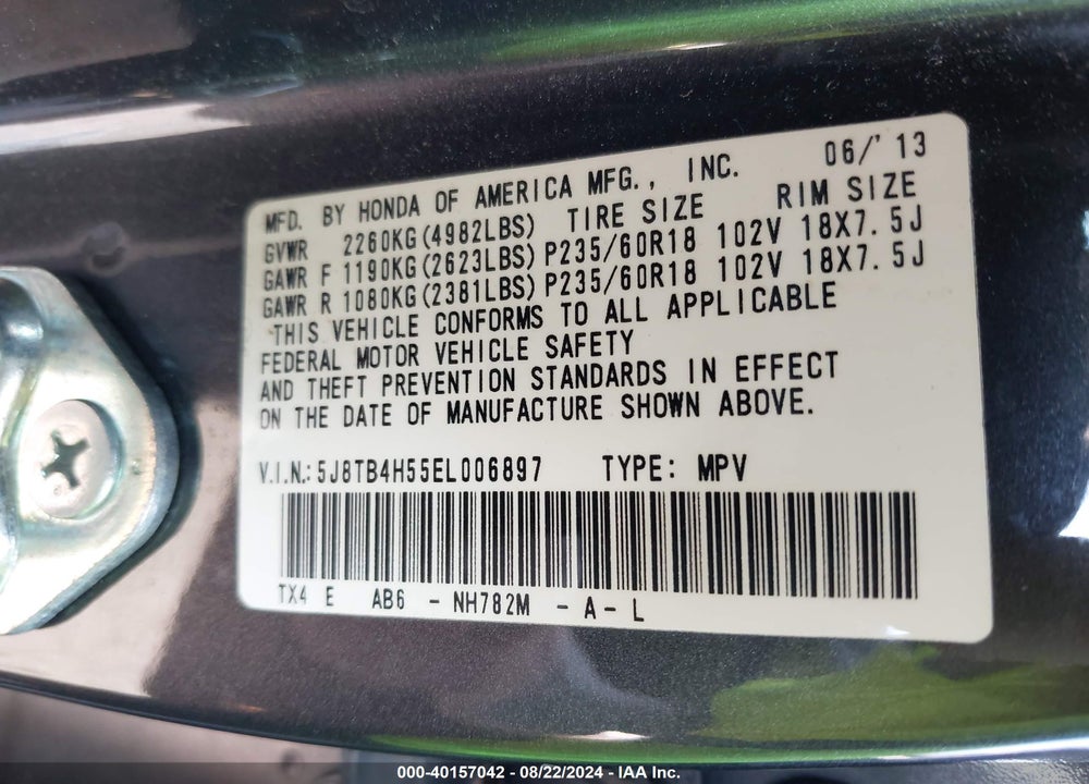 2014 ACURA RDX VIN: 5J8TB4H55EL006897