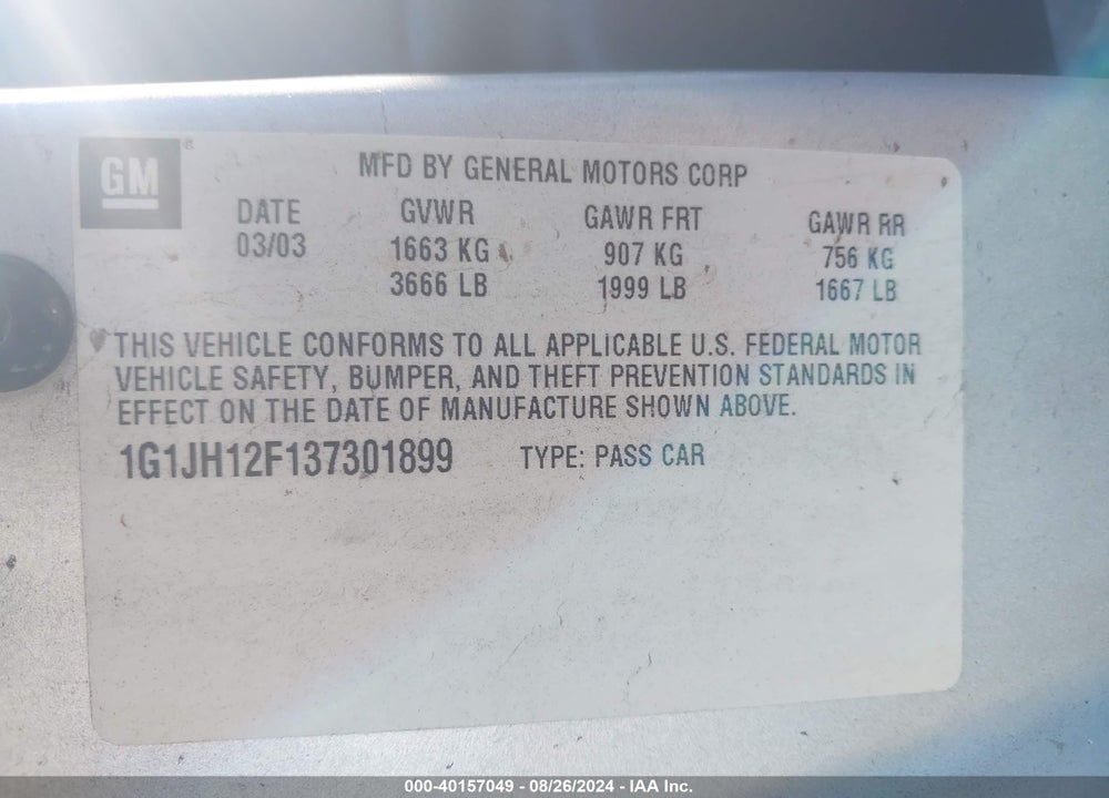 2003 CHEVROLET CAVALIER LS SPORT VIN: 1G1JH12F137301899