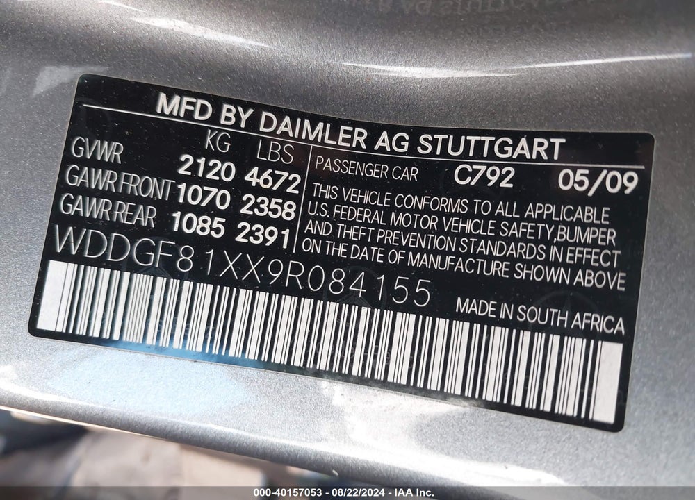 2009 MERCEDES-BENZ C 300 VIN: WDDGF81XX9R084155