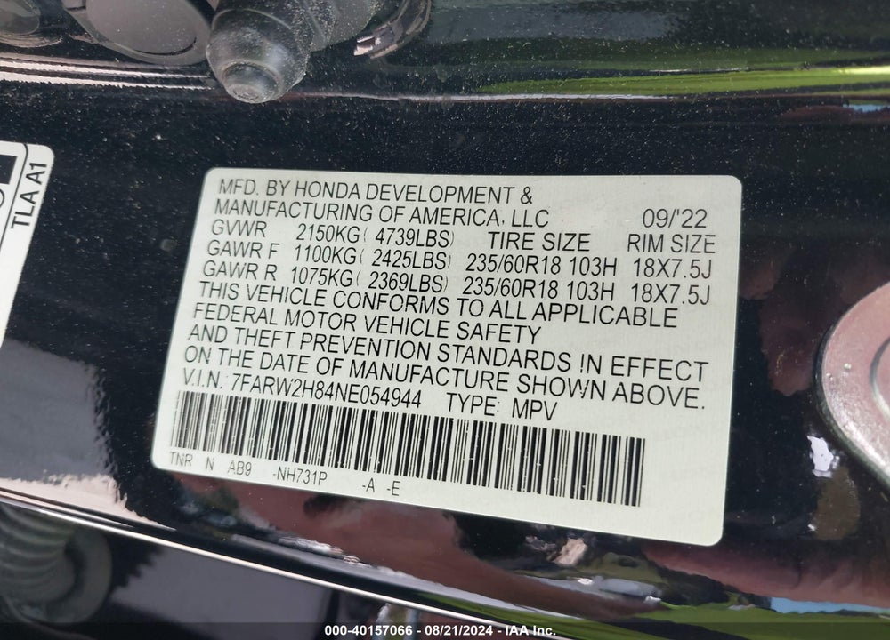 2022 HONDA CR-V AWD EX-L VIN: 7FARW2H84NE054944