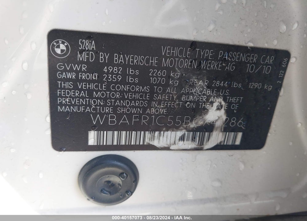 2011 BMW 528I VIN: WBAFR1C55BC741286