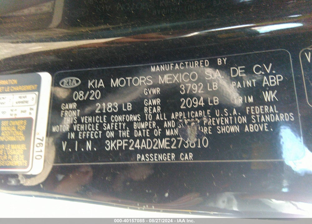 2021 KIA FORTE LXS VIN: 3KPF24AD2ME273810