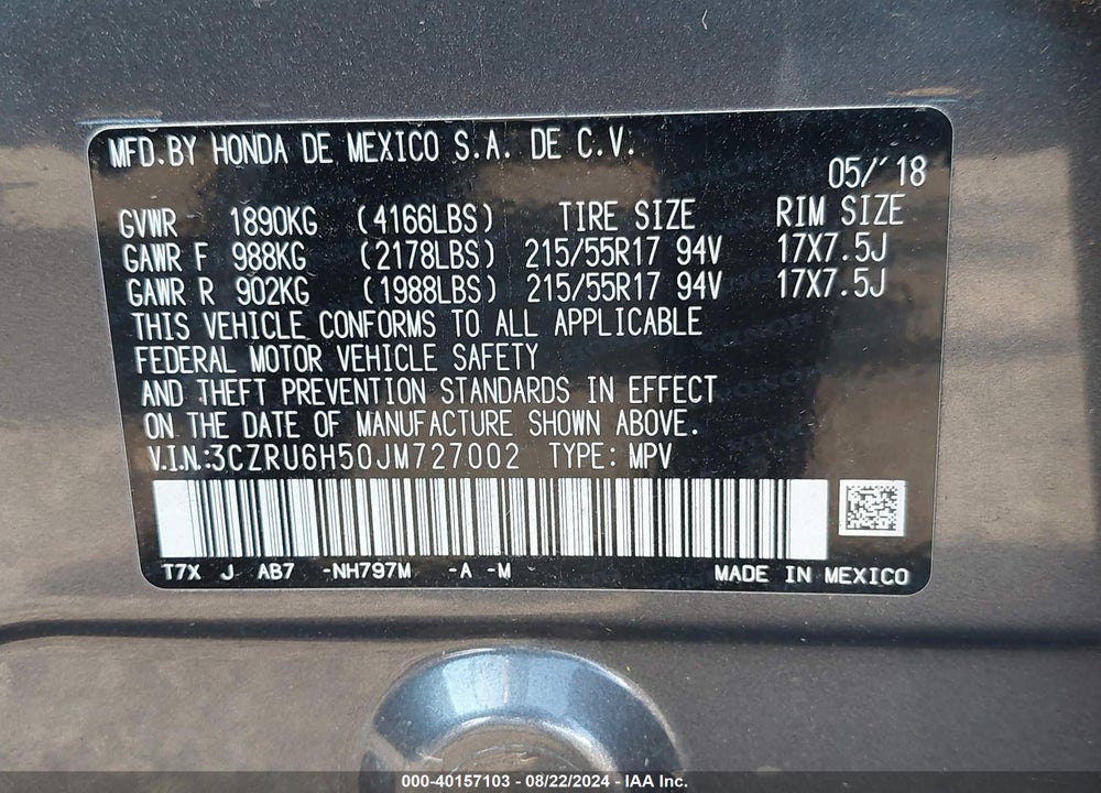 2018 HONDA HR-V EX VIN: 3CZRU6H50JM727002