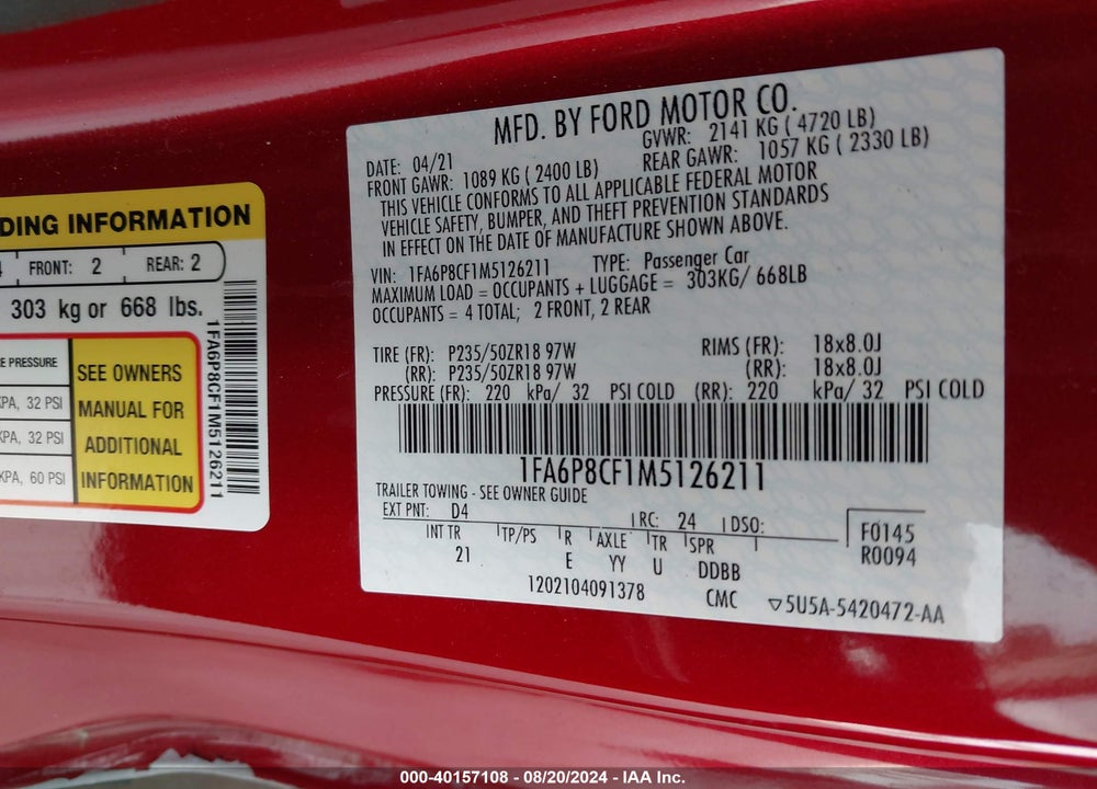 2021 FORD MUSTANG GT FASTBACK VIN: 1FA6P8CF1M5126211