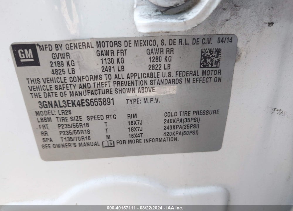 2014 CHEVROLET CAPTIVA SPORT LT VIN: 3GNAL3EK4ES655891