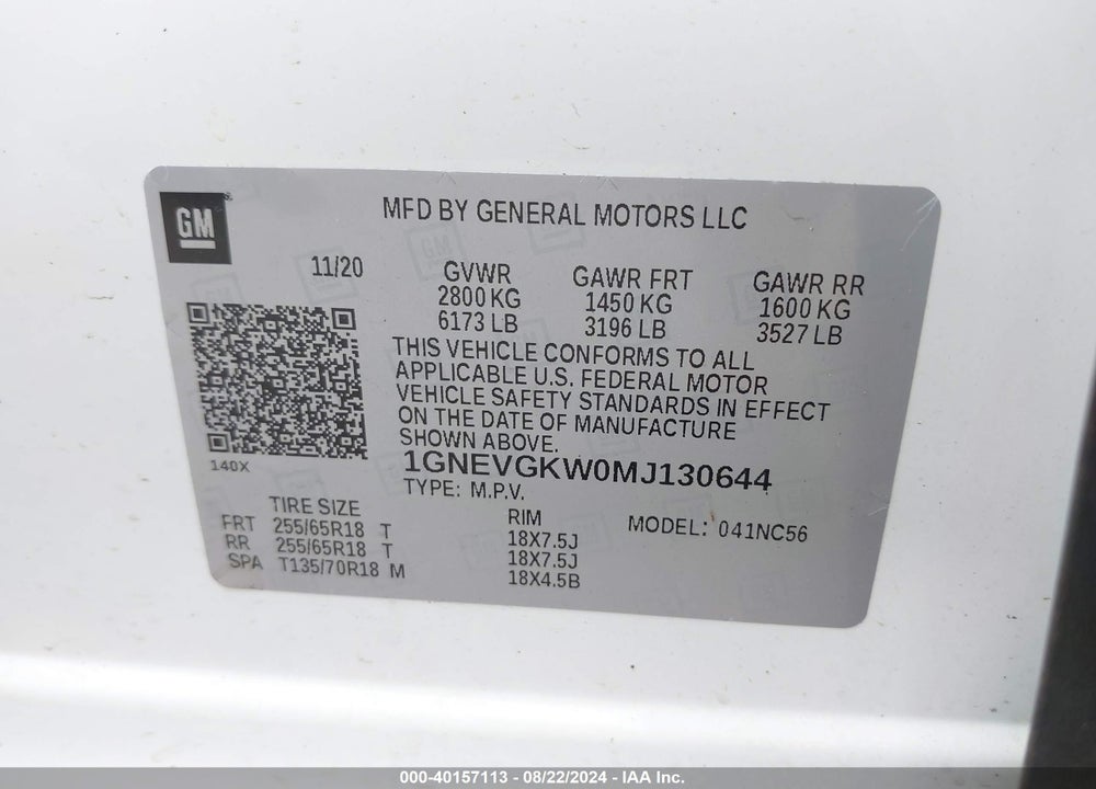 2021 CHEVROLET TRAVERSE AWD LT CLOTH VIN: 1GNEVGKW0MJ130644