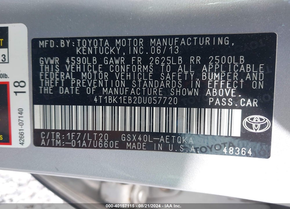 2013 TOYOTA AVALON XLE TOURING VIN: 4T1BK1EB2DU057720