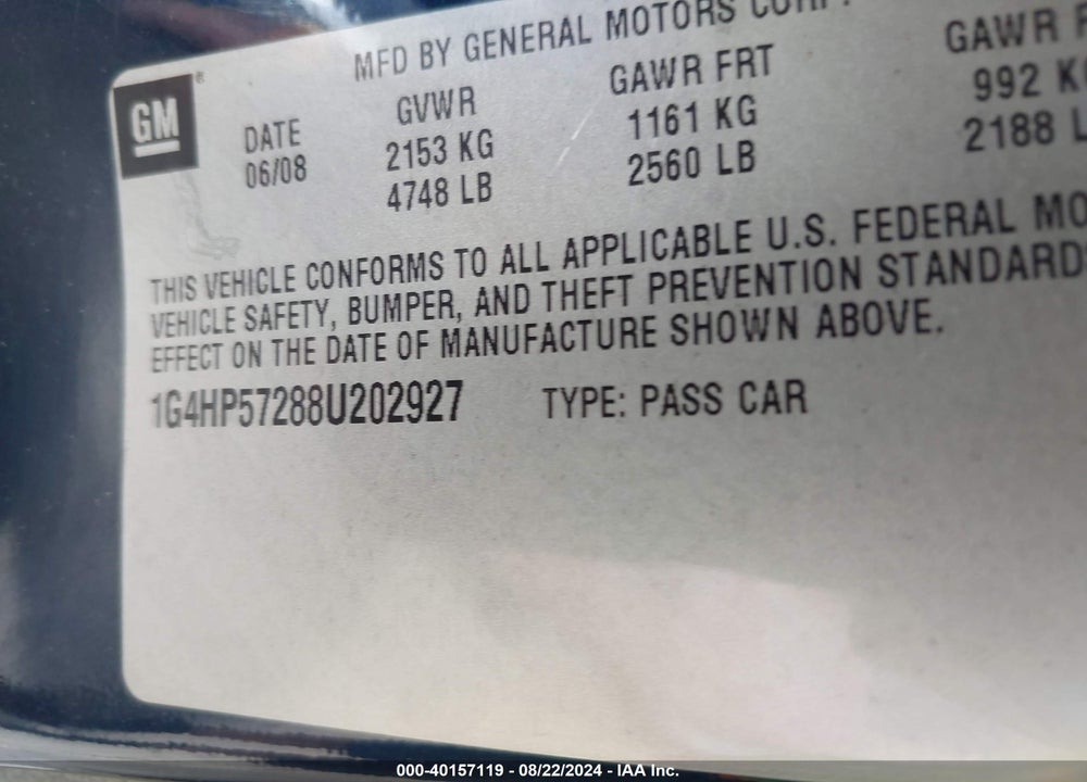 2008 BUICK LUCERNE CX VIN: 1G4HP57288U202927