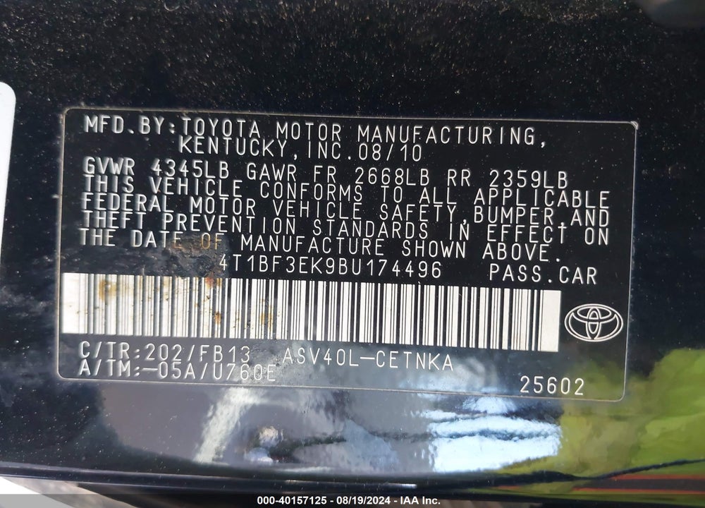 2011 TOYOTA CAMRY LE VIN: 4T1BF3EK9BU174496