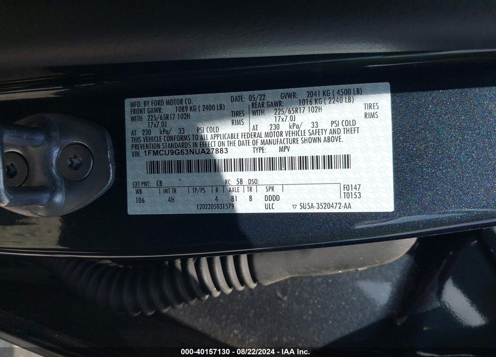 2022 FORD ESCAPE SE VIN: 1FMCU9G63NUA27883