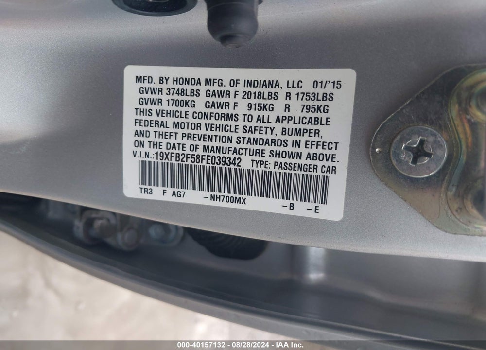 2015 HONDA CIVIC LX VIN: 19XFB2F58FE039342