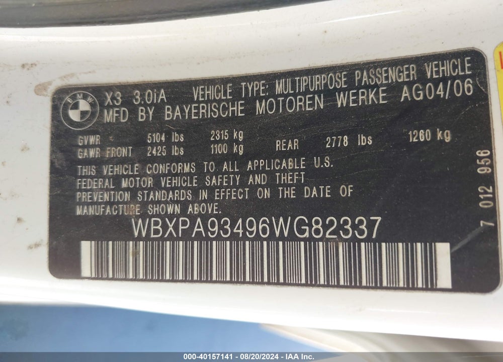 2006 BMW X3 3.0I VIN: WBXPA93496WG82337
