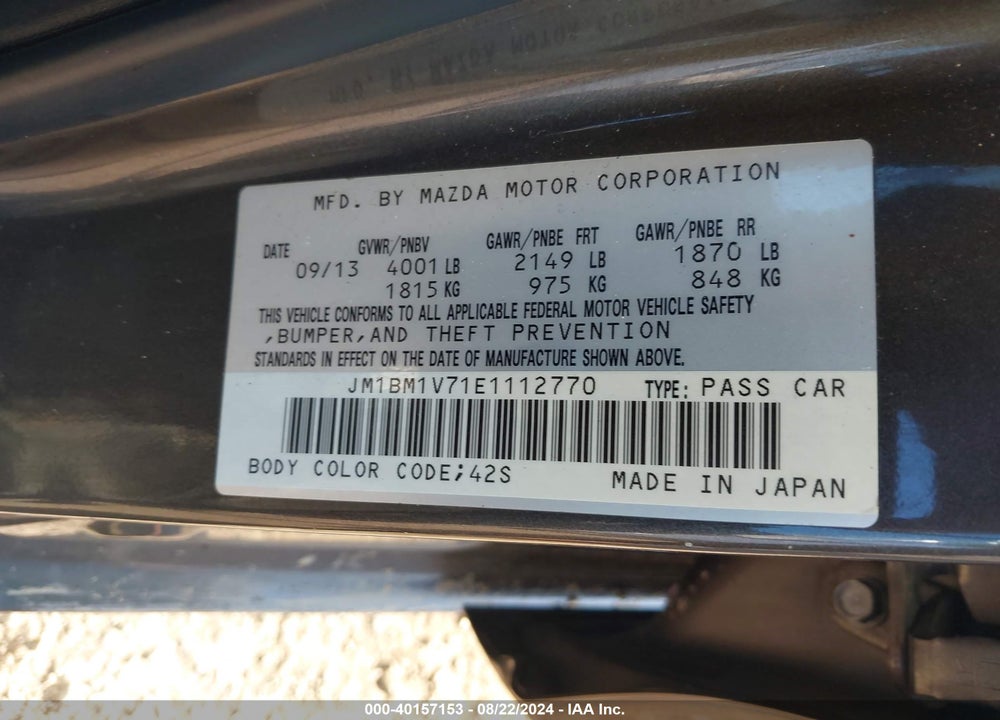 2014 MAZDA MAZDA3 VIN: JM1BM1V71E1112770