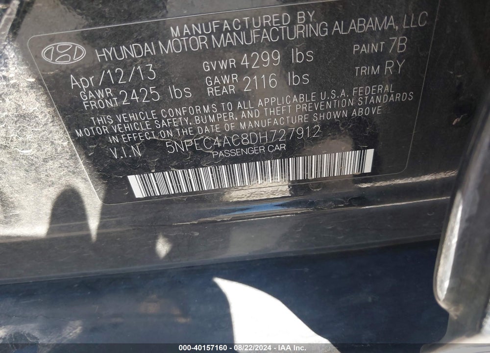 2013 HYUNDAI SONATA SE VIN: 5NPEC4AC8DH727912
