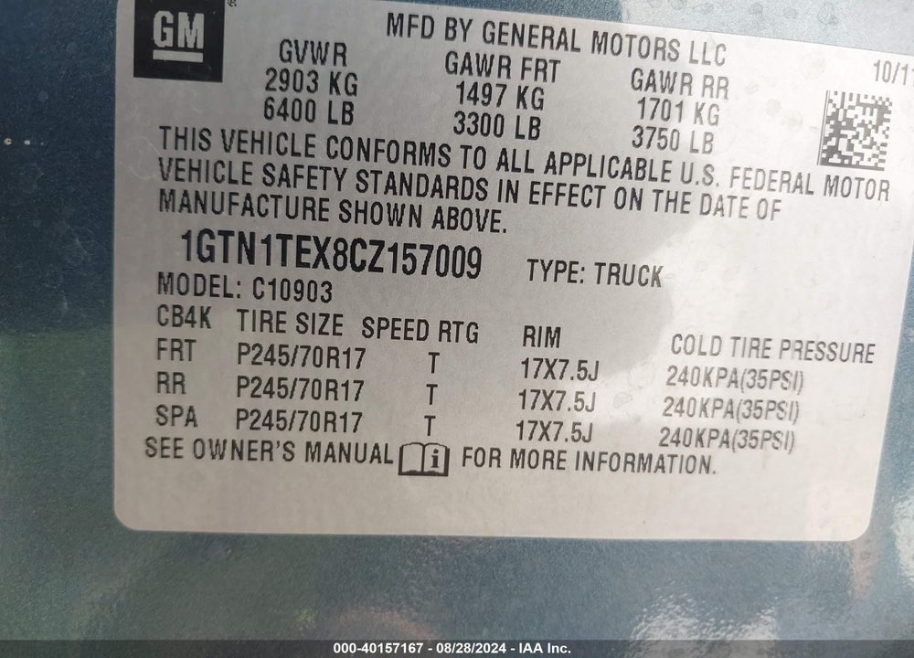 2012 GMC SIERRA 1500 WORK TRUCK VIN: 1GTN1TEX8CZ157009