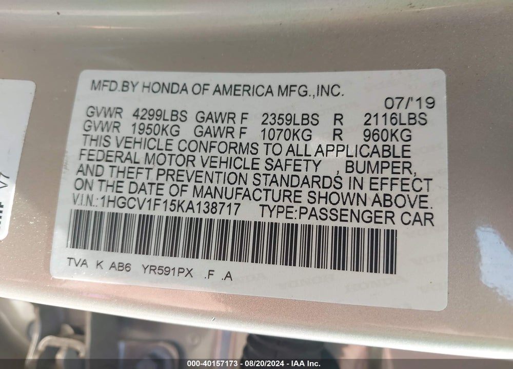 2019 HONDA ACCORD LX VIN: 1HGCV1F15KA138717