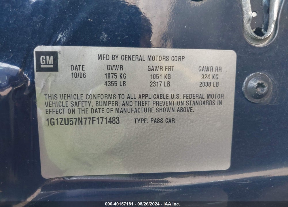 2007 CHEVROLET MALIBU LTZ VIN: 1G1ZU57N77F171483