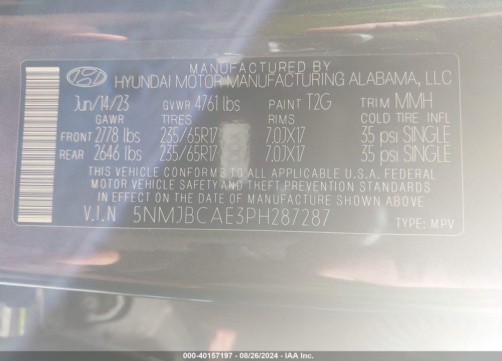 2023 HYUNDAI TUCSON SEL VIN: 5NMJBCAE3PH287287