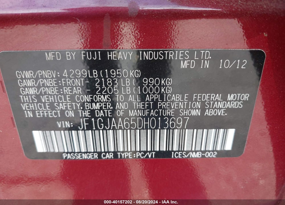 2013 SUBARU IMPREZA VIN: JF1GJAA65DH013697