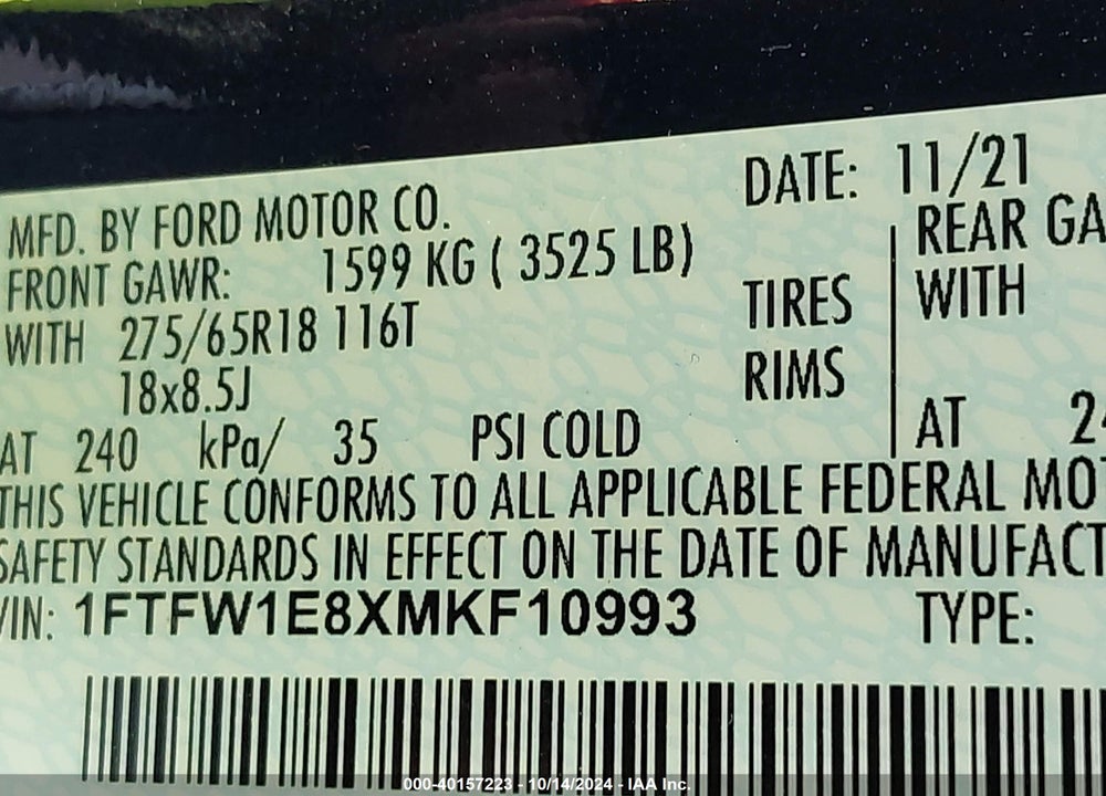 2021 FORD F-150 LARIAT VIN: 1FTFW1E8XMKF10993