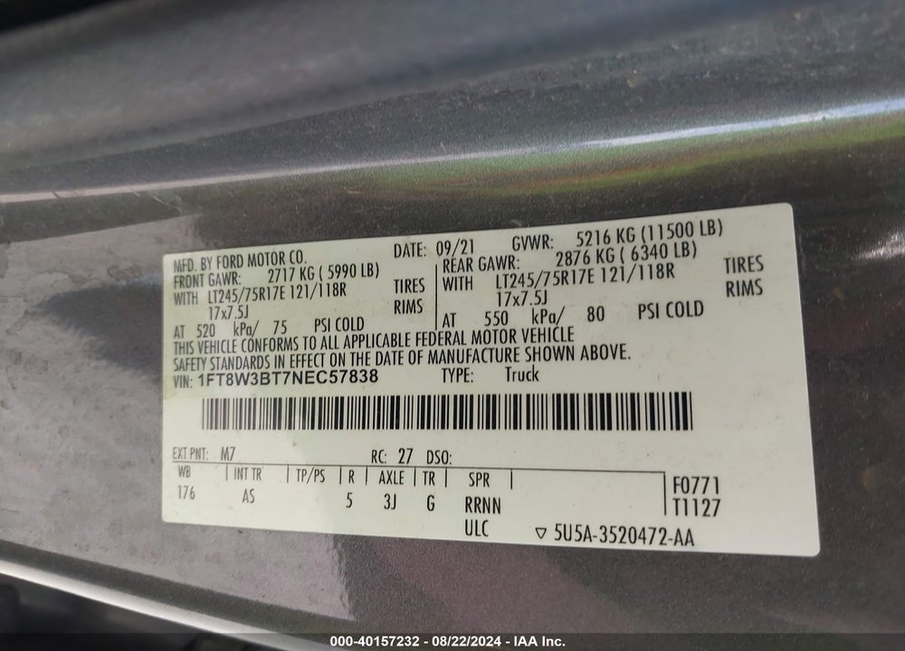 2022 FORD F-350 XL VIN: 1FT8W3BT7NEC57838