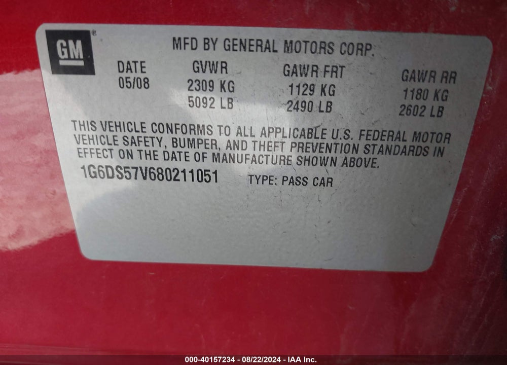 2008 CADILLAC CTS STANDARD VIN: 1G6DS57V680211051