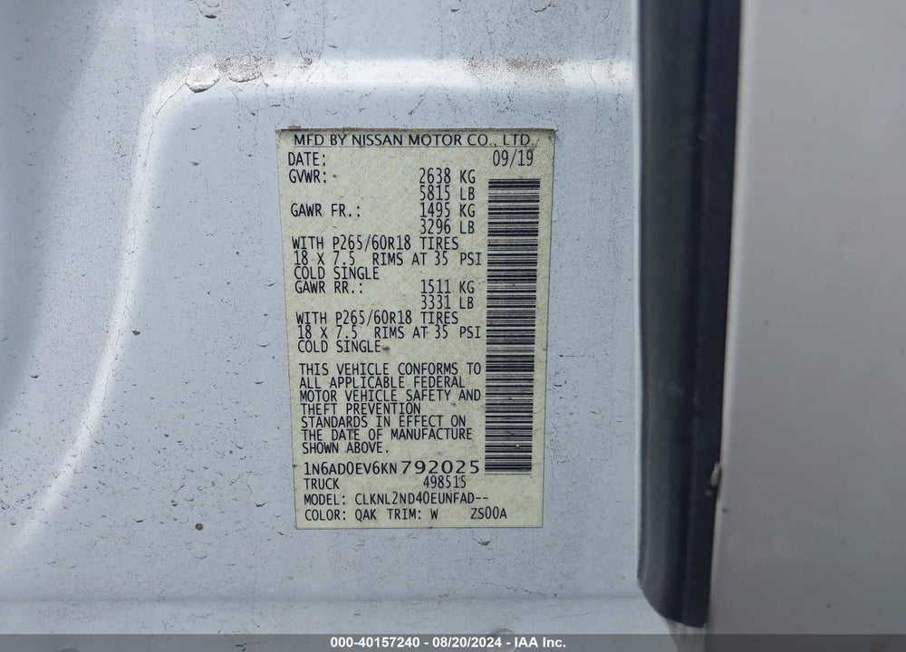 2019 NISSAN FRONTIER SV VIN: 1N6AD0EV6KN792025