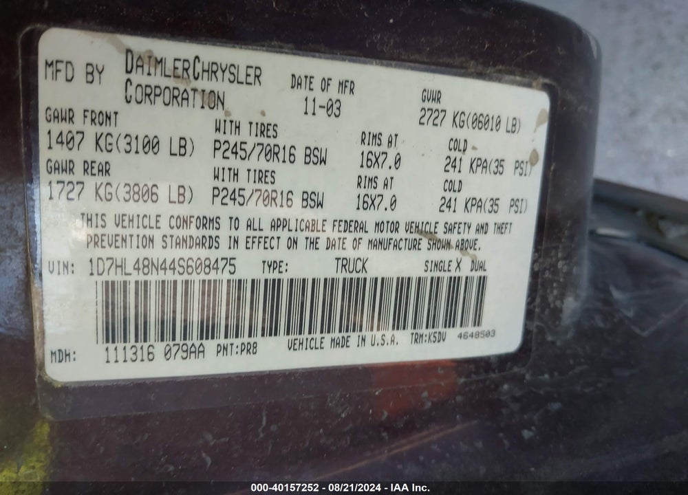 2004 DODGE DAKOTA SLT VIN: 1D7HL48N44S608475