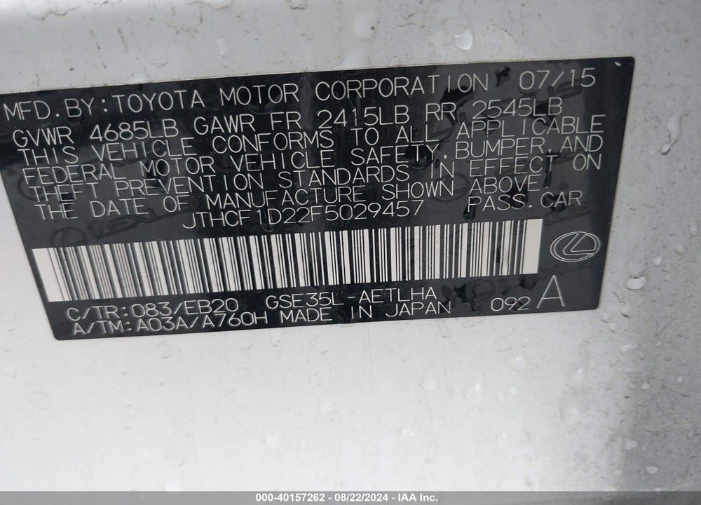 2015 LEXUS IS 250 VIN: JTHCF1D22F5029457
