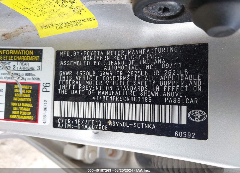 2012 TOYOTA CAMRY LE VIN: 4T4BF1FK9CR160186