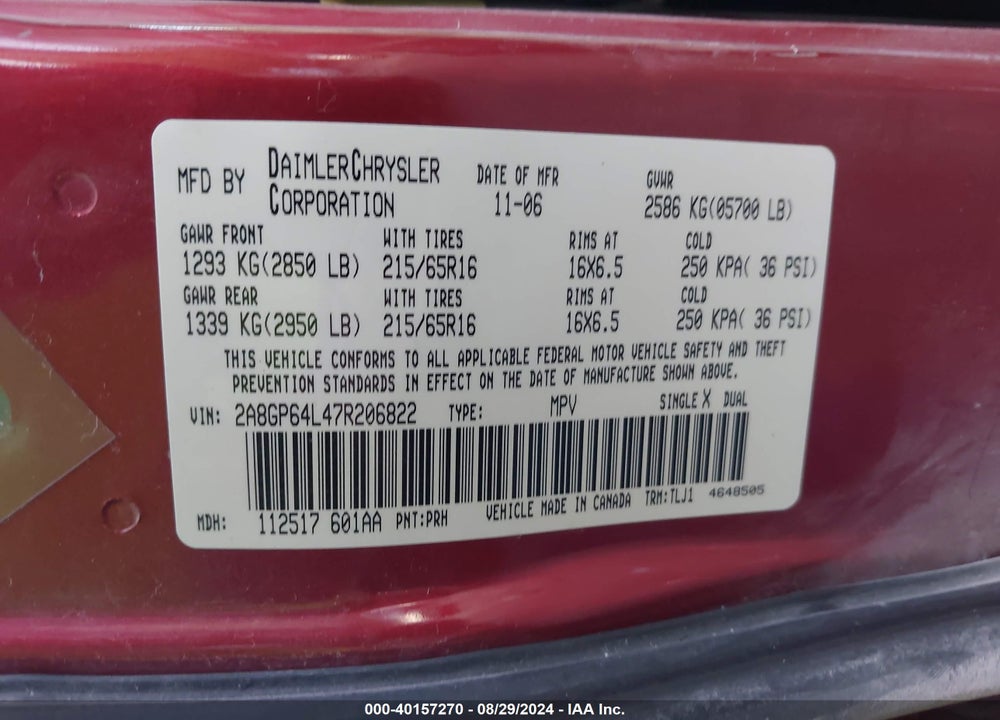 2007 CHRYSLER TOWN & COUNTRY LIMITED VIN: 2A8GP64L47R206822