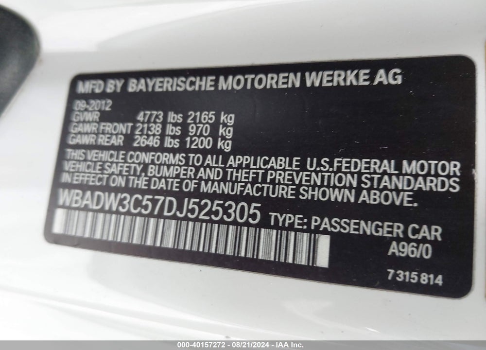 2013 BMW 328I VIN: WBADW3C57DJ525305