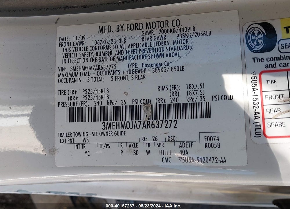 2010 MERCURY MILAN VIN: 3MEHM0JA7AR637272
