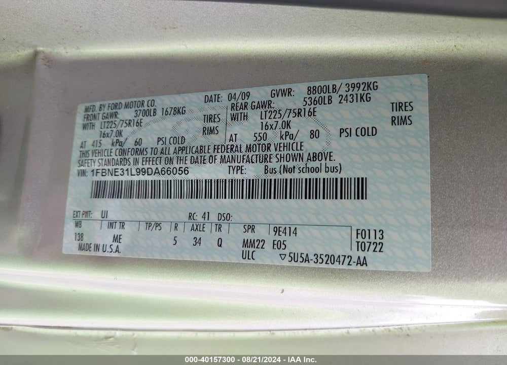 2009 FORD E-350 SUPER DUTY XL/XLT VIN: 1FBNE31L99DA66056