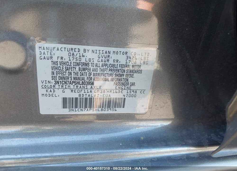 2017 NISSAN VERSA 1.6 S+ VIN: 3N1CN7AP5HL803956