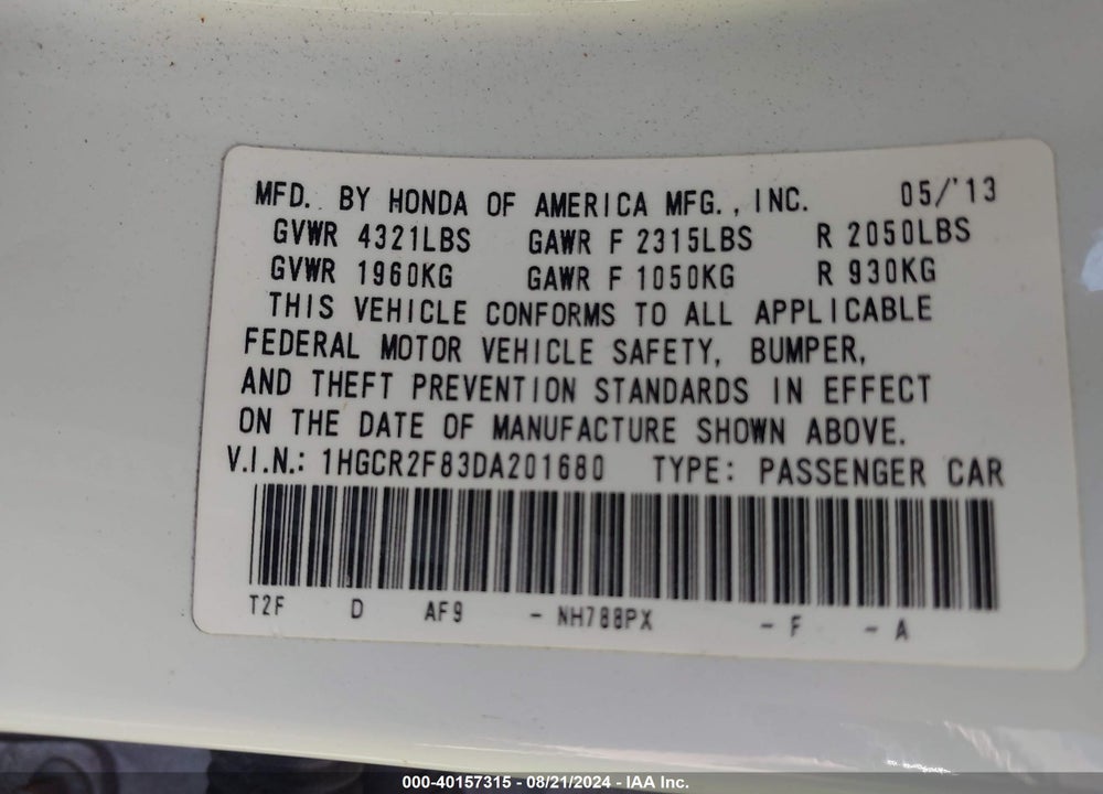 2013 HONDA ACCORD EX-L VIN: 1HGCR2F83DA201680