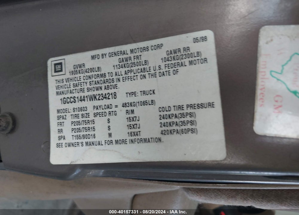 1998 CHEVROLET S-10 LS FLEETSIDE VIN: 1GCCS1441WK234218