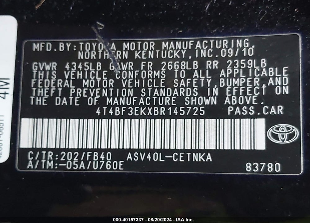 2011 TOYOTA CAMRY LE VIN: 4T4BF3EKXBR145725