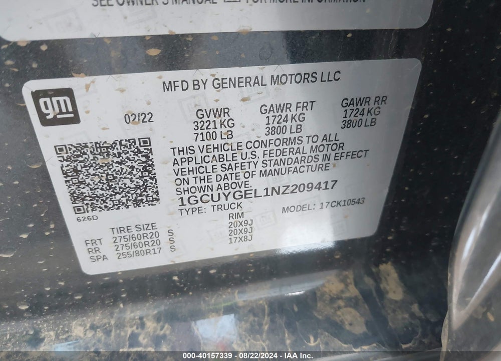 2022 CHEVROLET SILVERADO 1500 LTD 4WD SHORT BED LTZ VIN: 1GCUYGEL1NZ209417