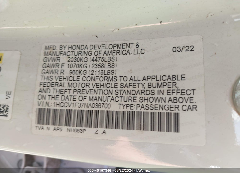 2022 HONDA ACCORD SPORT VIN: 1HGCV1F37NA036700