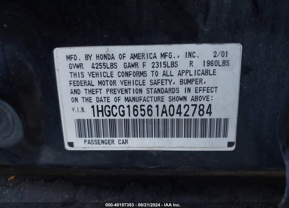 2001 HONDA ACCORD 3.0 EX VIN: 1HGCG16561A042784
