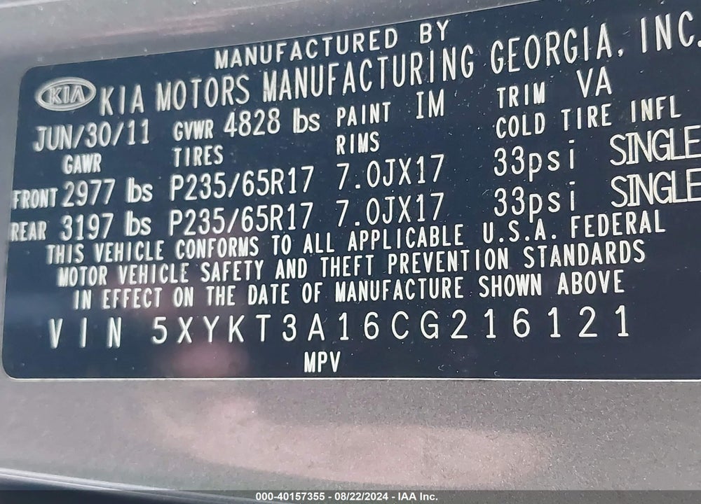 2012 KIA SORENTO LX VIN: 5XYKT3A16CG216121