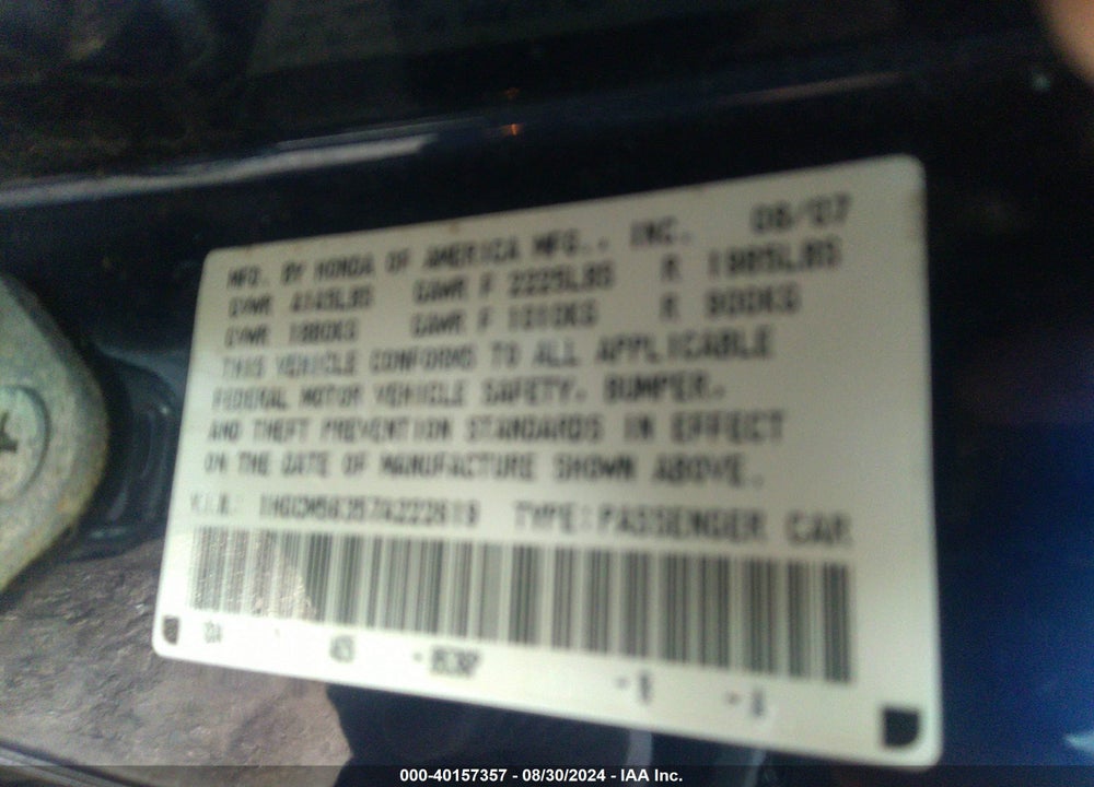 2007 HONDA ACCORD 2.4 SE VIN: 1HGCM56357A222619