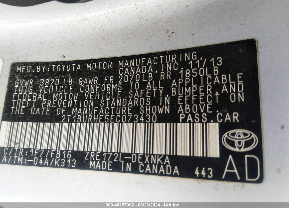 2014 TOYOTA COROLLA LE VIN: 2T1BURHE5EC073430