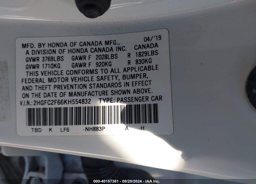 2019 HONDA CIVIC LX VIN: 2HGFC2F66KH554832